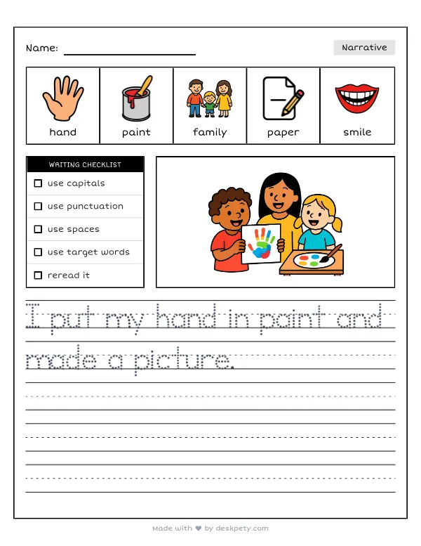 Showing my family a colorful handprint painting — real worksheet preview with word bank and writing lines