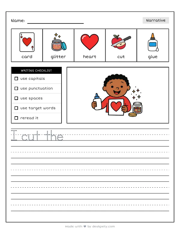 Crafting a special, handmade Valentine's Day card with glitter — real worksheet preview with word bank and writing lines