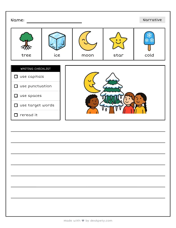 A frozen pine tree shedding glittering icicles in the moonlight — real worksheet preview with word bank and writing lines