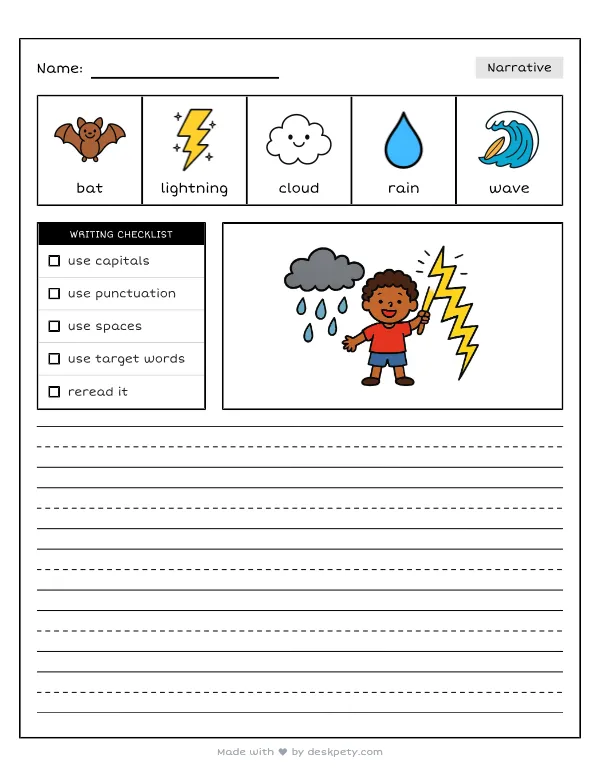 Conducting a thunderstorm with a glowing lightning baton — real worksheet preview with word bank and writing lines