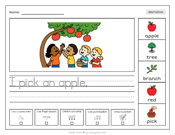 An apple tree branch bending low with heavy fruit — real worksheet preview with word bank and writing lines