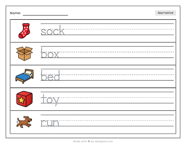 Free printable Kindergarten write and draw worksheet - A pair of mismatched socks on a bedroom floor beside a toy box tracing sentence and coloring page (page 1 of 4)