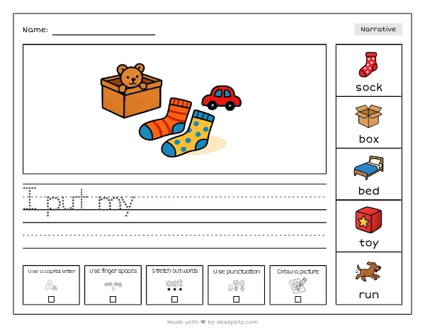 A pair of mismatched socks on a bedroom floor beside a toy box — real worksheet preview with word bank and writing lines