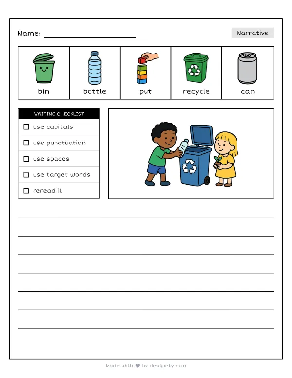 Free printable K-1 narrative writing prompt worksheet - Instead of throwing plastic away we can with word bank and handwriting lines