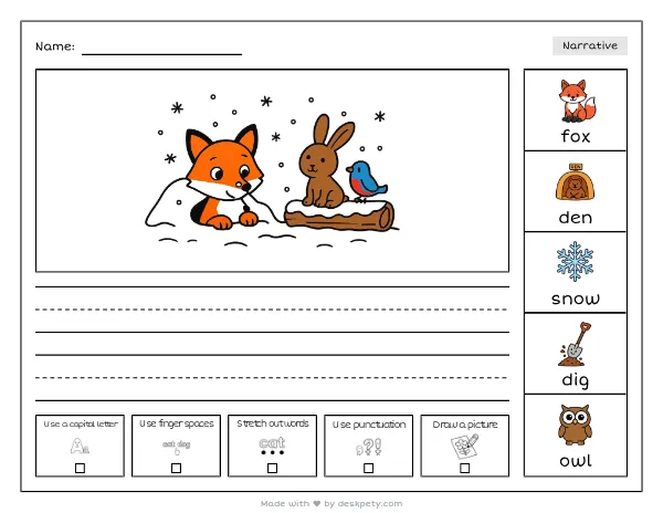 A fox peeking out of a snowy den — real worksheet preview with word bank and writing lines