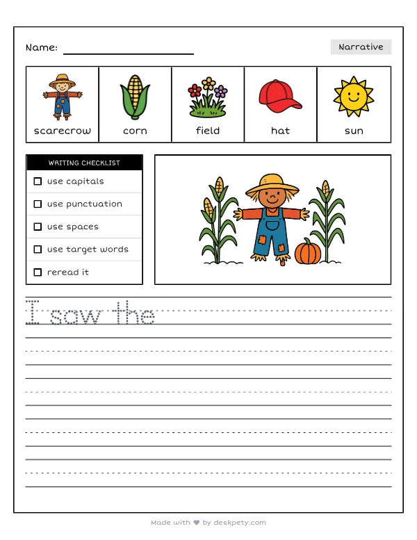 A friendly scarecrow standing in a harvested cornfield — real worksheet preview with word bank and writing lines