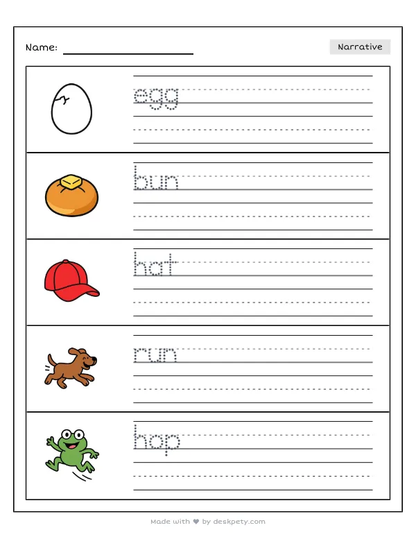 Free printable K-1 narrative writing prompt worksheet - Finding a shiny pastel egg in the grass with word bank and handwriting lines (page 1 of 5)
