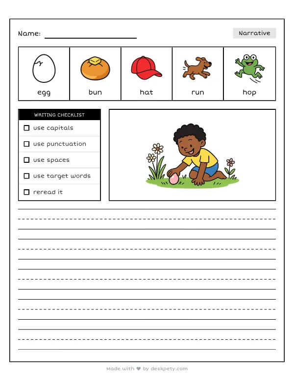 Free printable K-1 narrative writing prompt worksheet - Finding a shiny pastel egg in the grass with word bank and handwriting lines