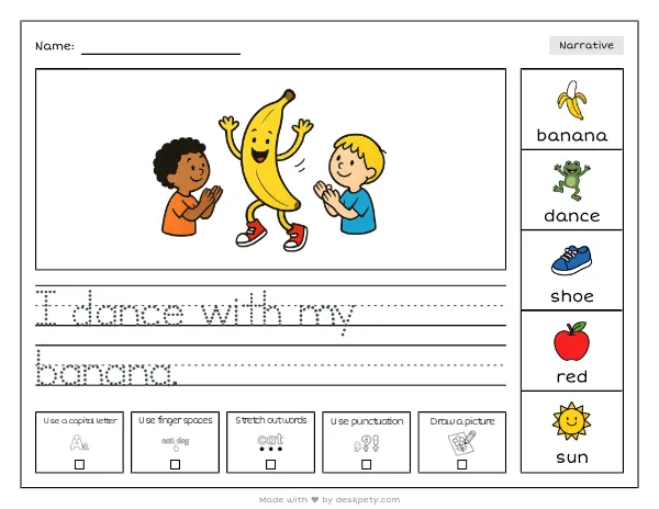 A dancing banana wearing red high-top sneakers — real worksheet preview with word bank and writing lines