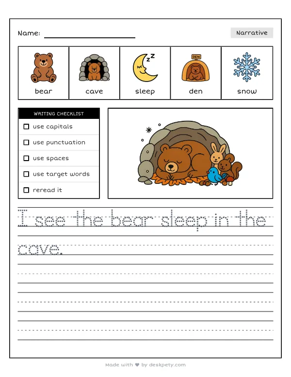 A sleepy brown bear hibernating inside a cozy cave — real worksheet preview with word bank and writing lines
