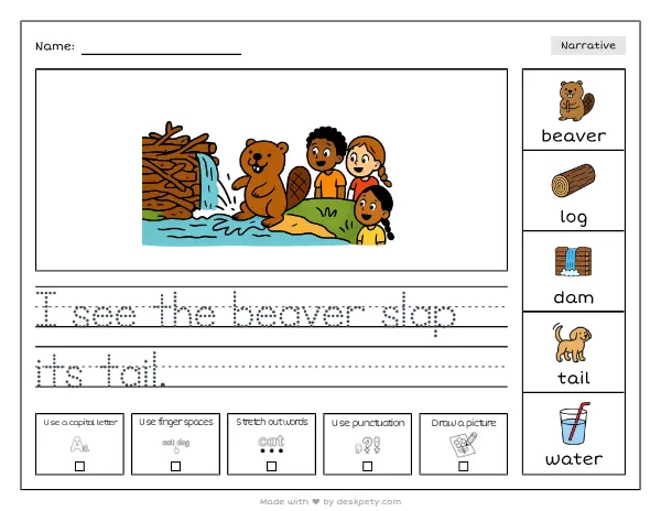 A beaver slapping its tail by a log dam — real worksheet preview with word bank and writing lines