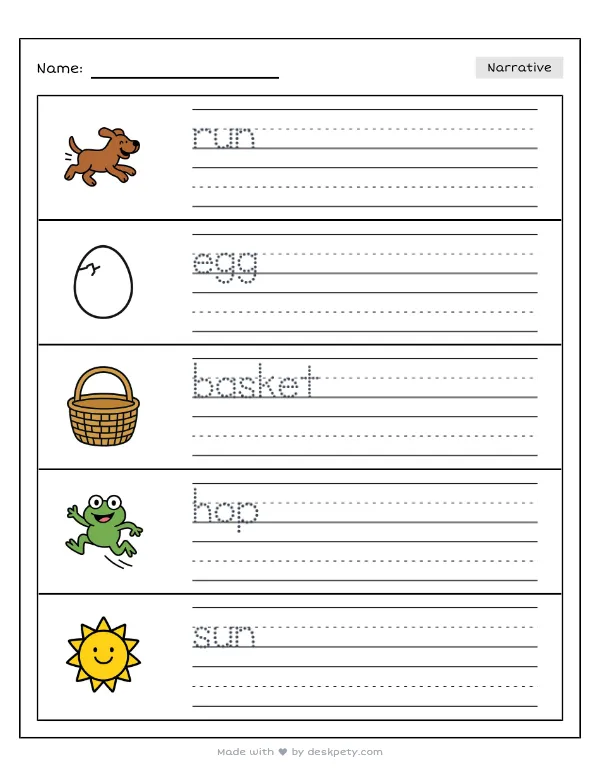 Free printable K-1 narrative writing prompt worksheet - During the big community egg hunt I ran to with word bank and handwriting lines (page 1 of 5)