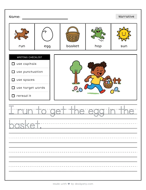 Free printable K-1 narrative writing prompt worksheet - During the big community egg hunt I ran to with word bank and handwriting lines