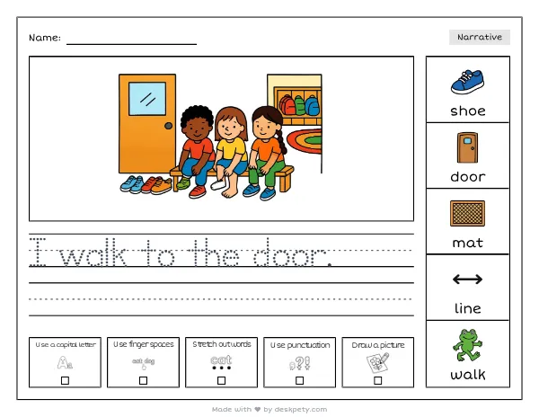 A circle of shoes lined up by the classroom door — real worksheet preview with word bank and writing lines