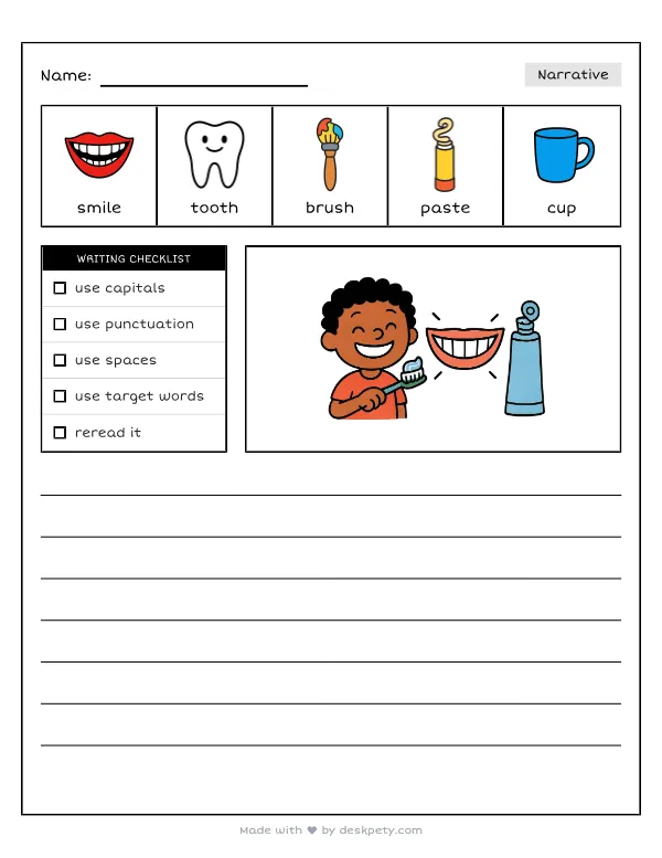 Free printable K-1 narrative writing prompt worksheet - A bright clean smile makes me feel with word bank and handwriting lines