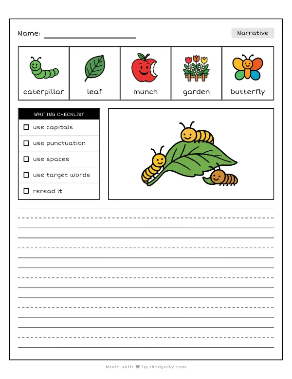 A cluster of tiny monarch caterpillars munching on a milkweed leaf — real worksheet preview with word bank and writing lines