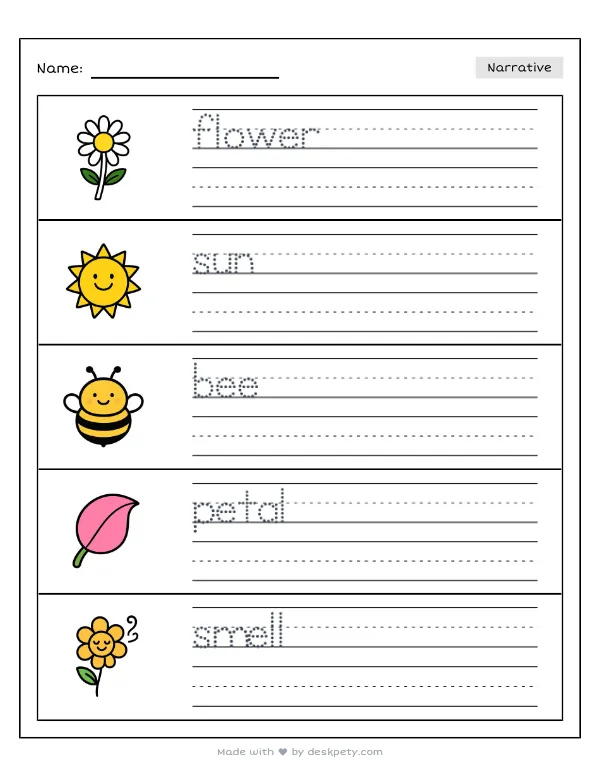 Free printable K-1 narrative writing prompt worksheet - When our garden flowers bloom they smell like with word bank and handwriting lines (page 1 of 5)