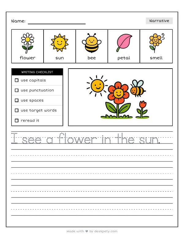 Free printable K-1 narrative writing prompt worksheet - When our garden flowers bloom they smell like with word bank and handwriting lines