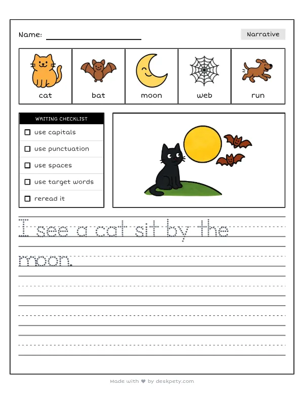A black cat and flying bats under a bright full moon — real worksheet preview with word bank and writing lines