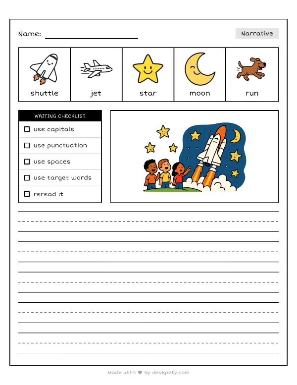 A massive space shuttle launching into the starry night sky — real worksheet preview with word bank and writing lines