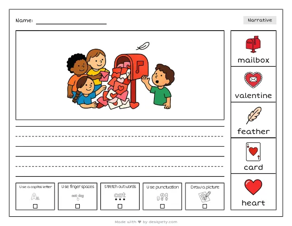 A mailbox overflowing with valentines and a single feather — real worksheet preview with word bank and writing lines