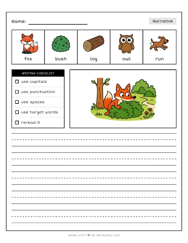 A sneaky red fox hiding in the woodland forest bushes — real worksheet preview with word bank and writing lines