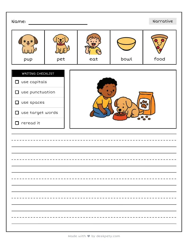 Free printable K-1 narrative writing prompt worksheet - Taking care of a puppy means I must with word bank and handwriting lines