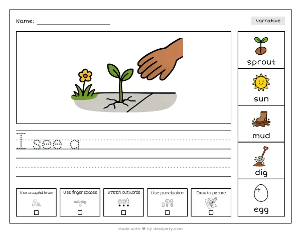 a tiny green sprout pushing through a cracked sidewalk — real worksheet preview with word bank and writing lines