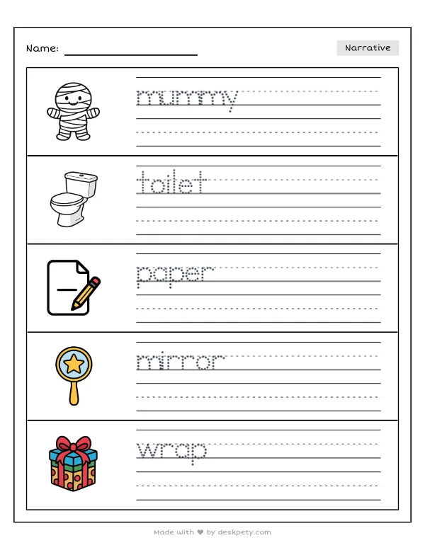 Preview of the a grandpa mummy wrapping himself in toilet paper in a bathroom mirror writing worksheet — word bank, tracing lines and checklist (page 1 of 5)