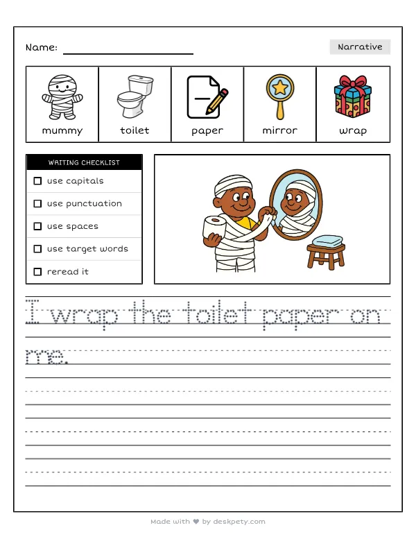 A grandpa mummy wrapping himself in toilet paper in a bathroom mirror — real worksheet preview with word bank and writing lines