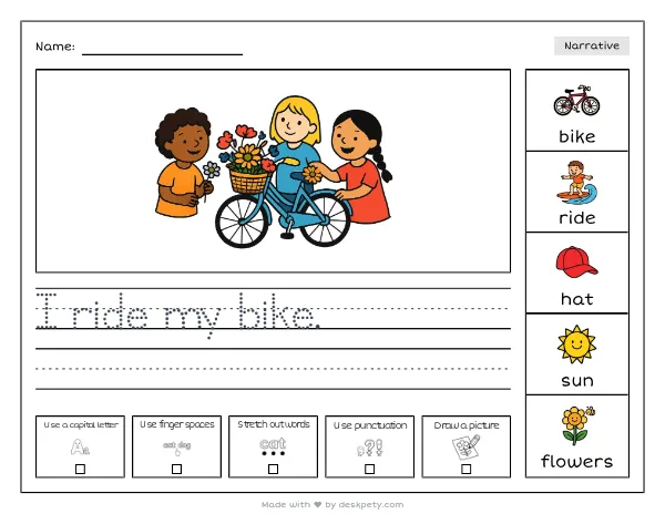 A bicycle with a wicker basket full of wildflowers — real worksheet preview with word bank and writing lines