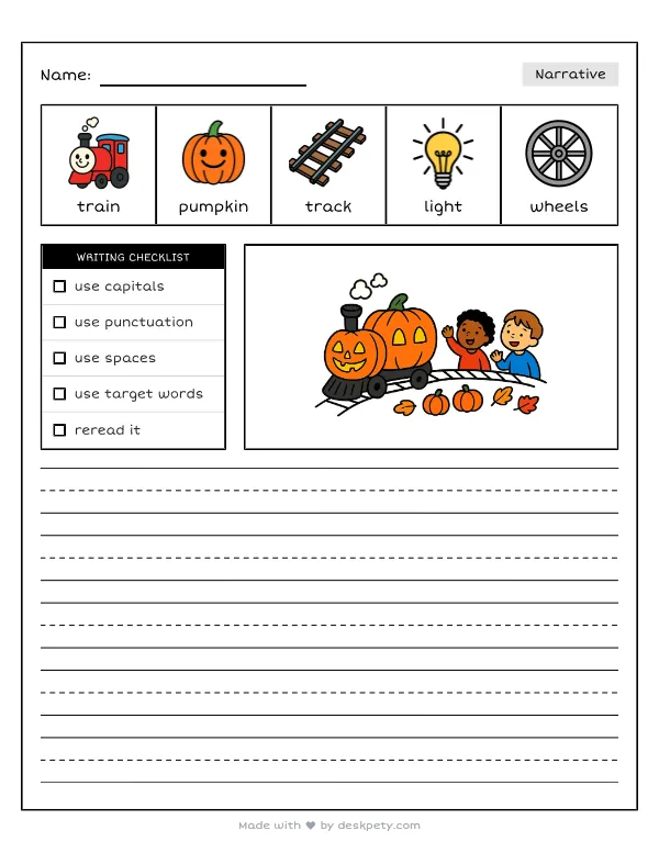 A glowing jack-o'-lantern train chugging along a tiny track — real worksheet preview with word bank and writing lines