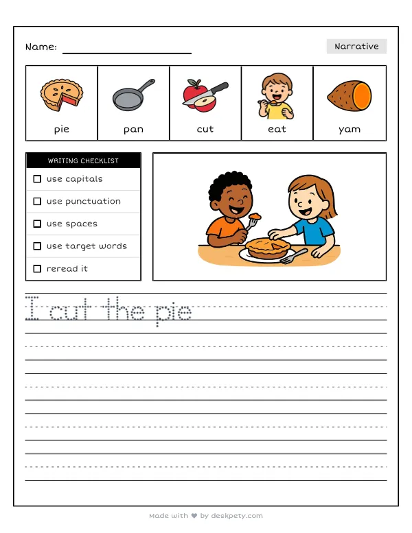 Free printable K-1 narrative writing prompt worksheet - My favorite holiday dessert to share with friends is with word bank and handwriting lines