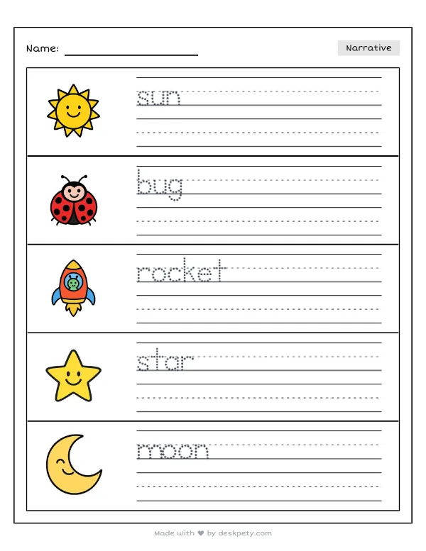 A group of fireflies floating near a rocket launch pad at dusk — real worksheet preview with word bank and writing lines
