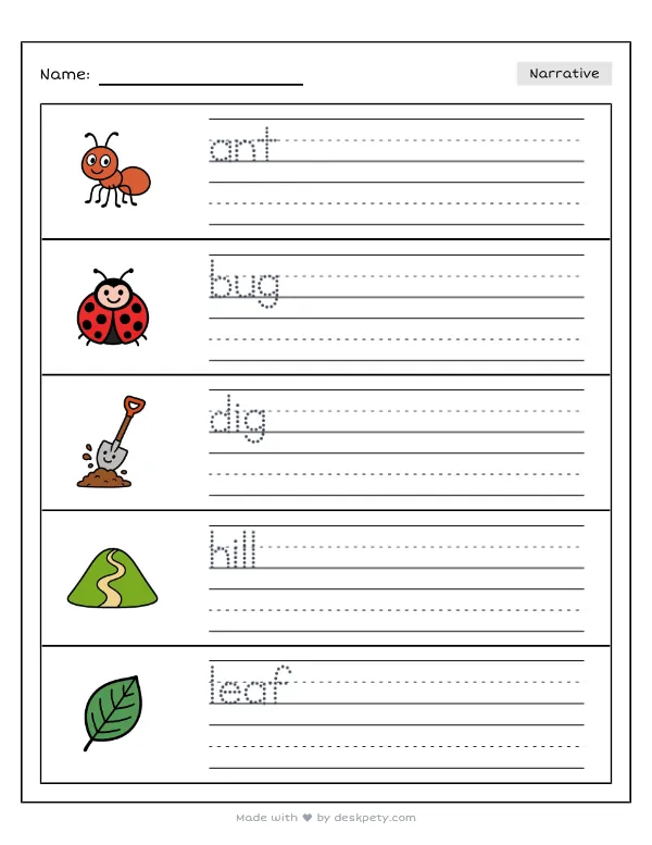 Free printable K-1 narrative writing prompt worksheet - Watching a long line of tiny marching ants with word bank and handwriting lines (page 1 of 5)