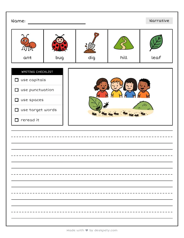 Free printable K-1 narrative writing prompt worksheet - Watching a long line of tiny marching ants with word bank and handwriting lines