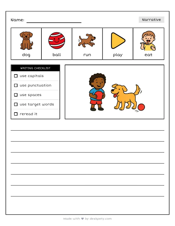 Free printable K-1 narrative writing prompt worksheet - When my pet is happy it likes to with word bank and handwriting lines