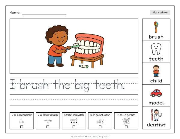 Free printable Kindergarten write and draw worksheet - A preschooler practicing brushing on a giant fake teeth model tracing sentence and coloring page