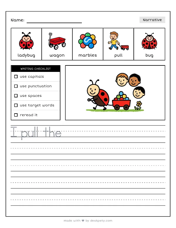 A ladybug pulling a tiny wagon full of marbles — real worksheet preview with word bank and writing lines
