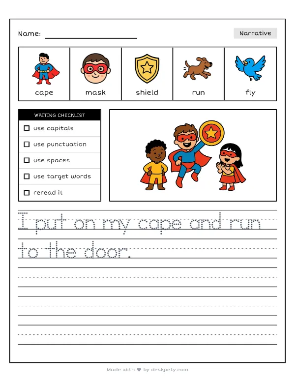 Getting dressed up in the coolest superhero Halloween costume — real worksheet preview with word bank and writing lines