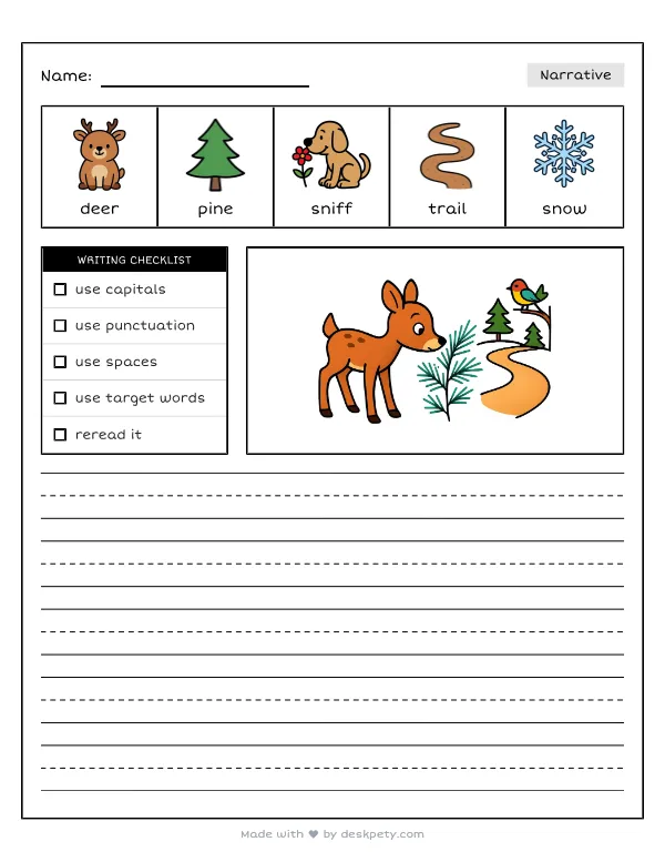 A deer sniffing at frost-tipped pine needles along a quiet trail — real worksheet preview with word bank and writing lines