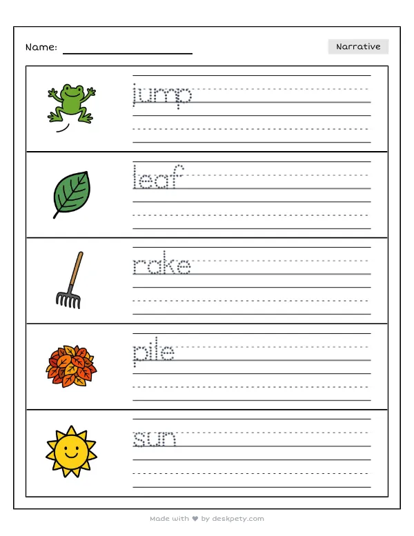 Jumping into a giant pile of raked autumn leaves — real worksheet preview with word bank and writing lines