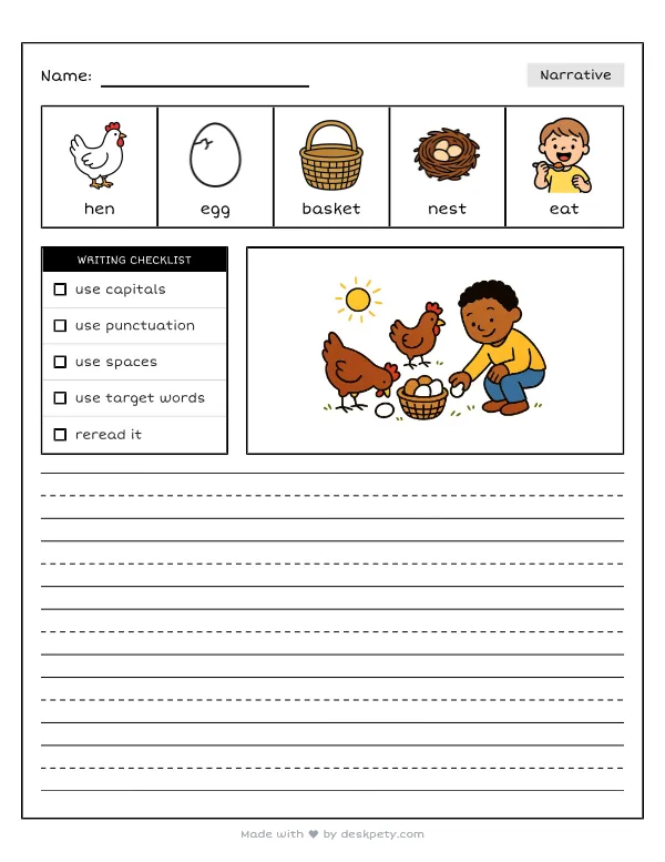 Free printable K-1 narrative writing prompt worksheet - Collecting fresh morning eggs from the clucking hens with word bank and handwriting lines