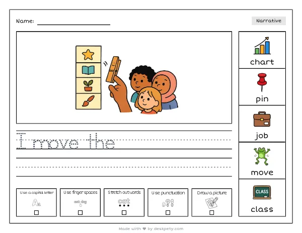 A classroom job chart with a moving clothespin — real worksheet preview with word bank and writing lines