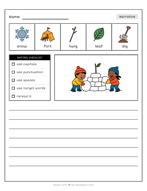 Two kids building a snow fort with a flag made of a twig and a leaf — real worksheet preview with word bank and writing lines