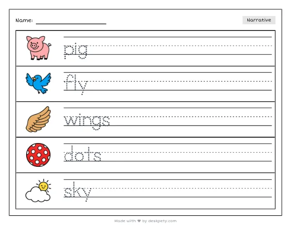 Free printable Kindergarten write and draw worksheet - A flying pig with polka-dot wings tracing sentence and coloring page (page 1 of 4)