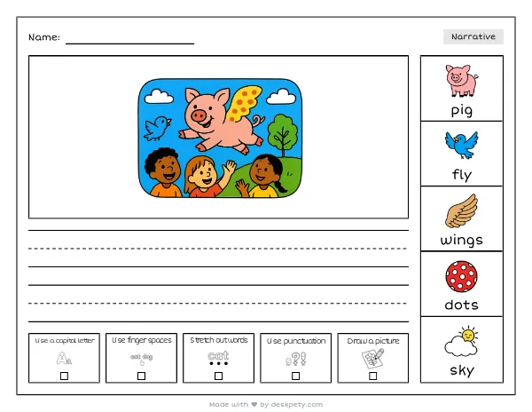 A flying pig with polka-dot wings — real worksheet preview with word bank and writing lines