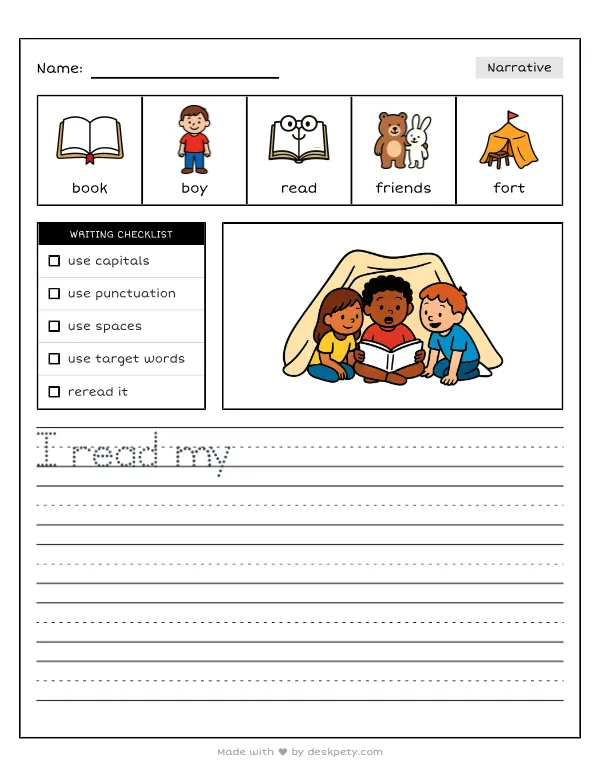 A student reading a picture book aloud to a small group of classmates under a blanket fort — real worksheet preview with word bank and writing lines