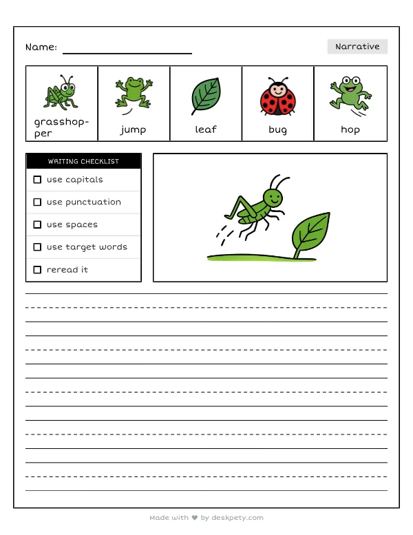 Free printable K-1 narrative writing prompt worksheet - A green grasshopper can jump very high over the with word bank and handwriting lines
