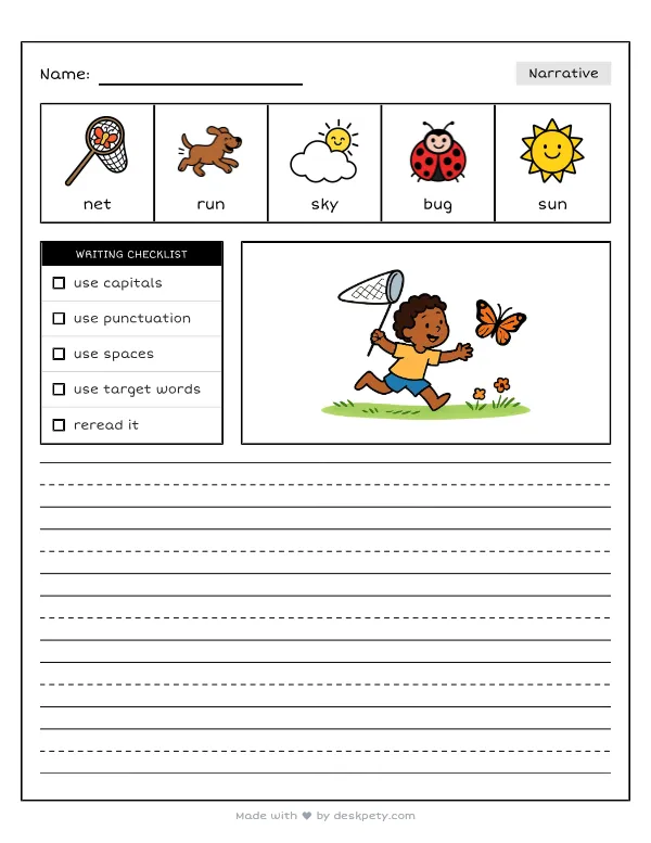 Chasing beautiful butterflies across a green meadow — real worksheet preview with word bank and writing lines